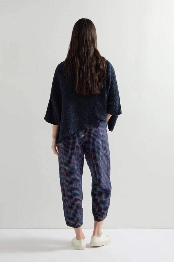 Linen Navy Space Dye Check Bubble Trousers