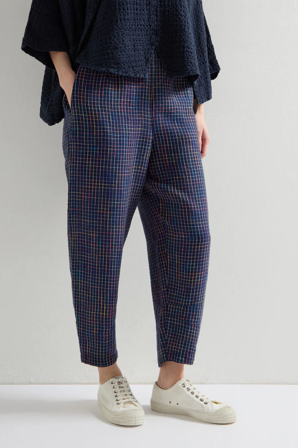 Linen Navy Space Dye Check Bubble Trousers